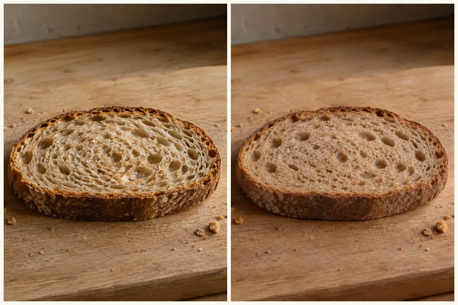 Two photographs side by side on the same wooden board: on the left a freshly cut slice of home-baked bread, its crumb open and glossy; on the right a slice of the same loaf several days on, its crumb closer, matte and duller