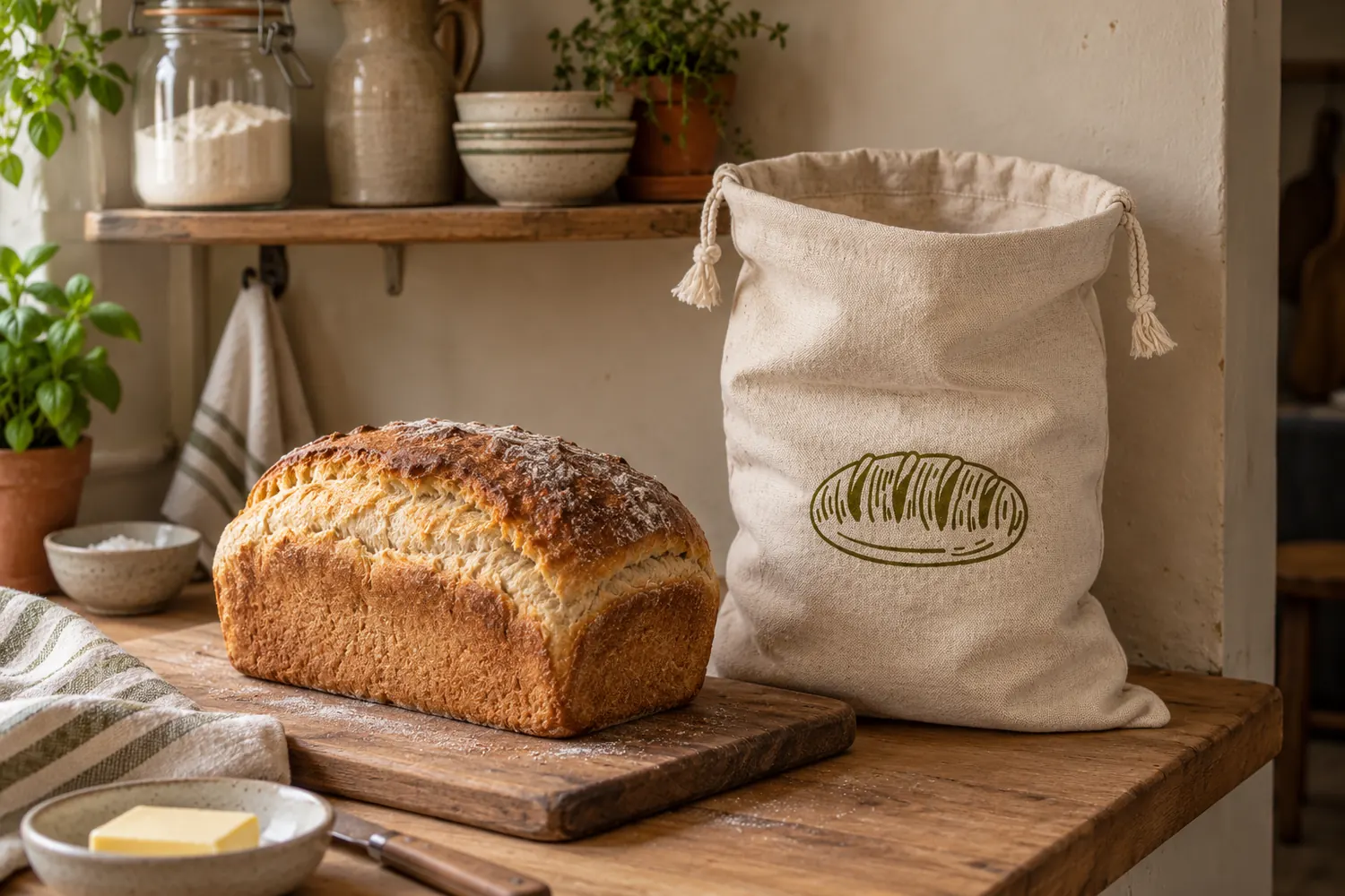 A home-baked tin loaf on a wooden board on a kitchen counter, the Levainry bread bag standing open beside it, with a jar of flour and stacked bowls on a shelf behind