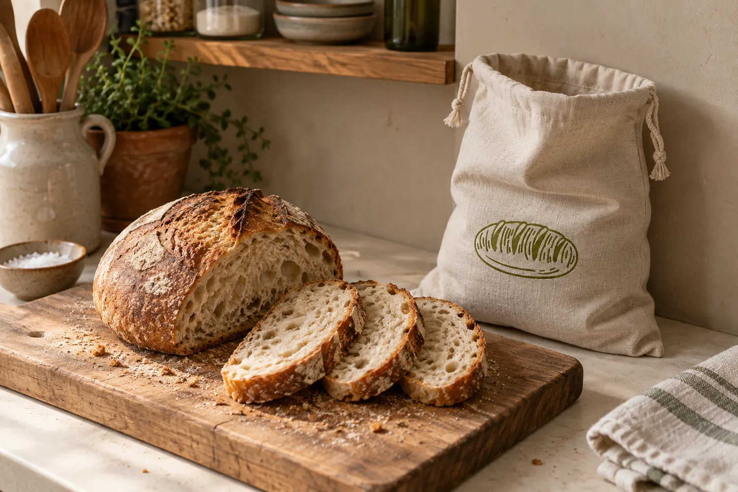 A round home-baked loaf eaten into over several days, its cut face turned to the camera, three thick slices on the wooden board in front of it and the Levainry bread bag standing on the counter beside them