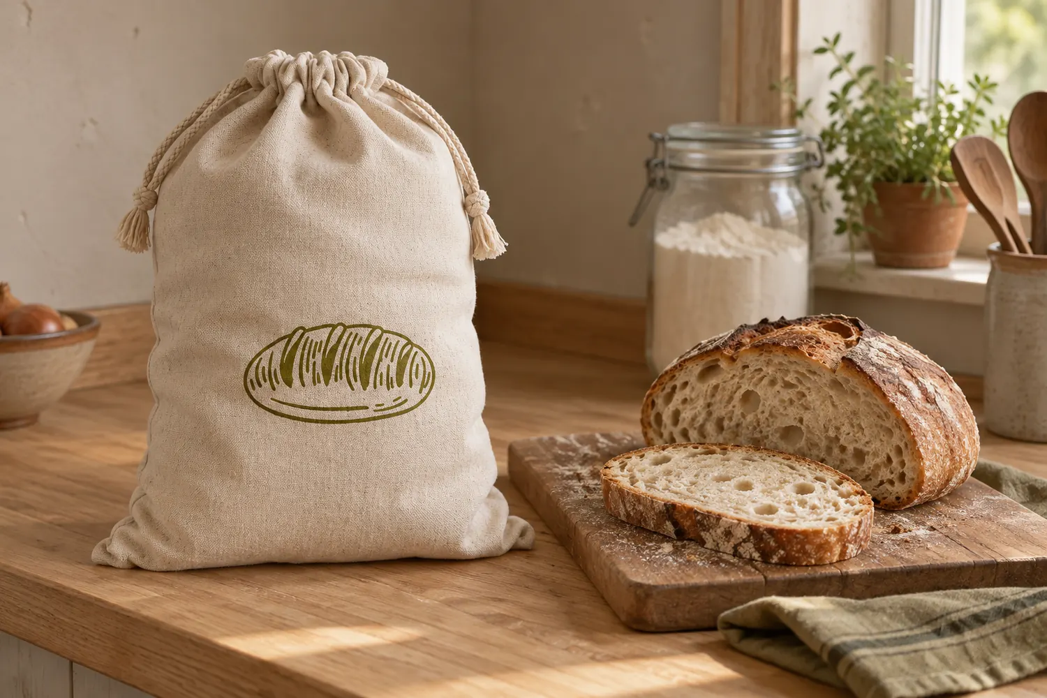 Levainry bread bag standing closed on a kitchen counter with a loaf inside it, beside a cut loaf and a slice on a wooden board