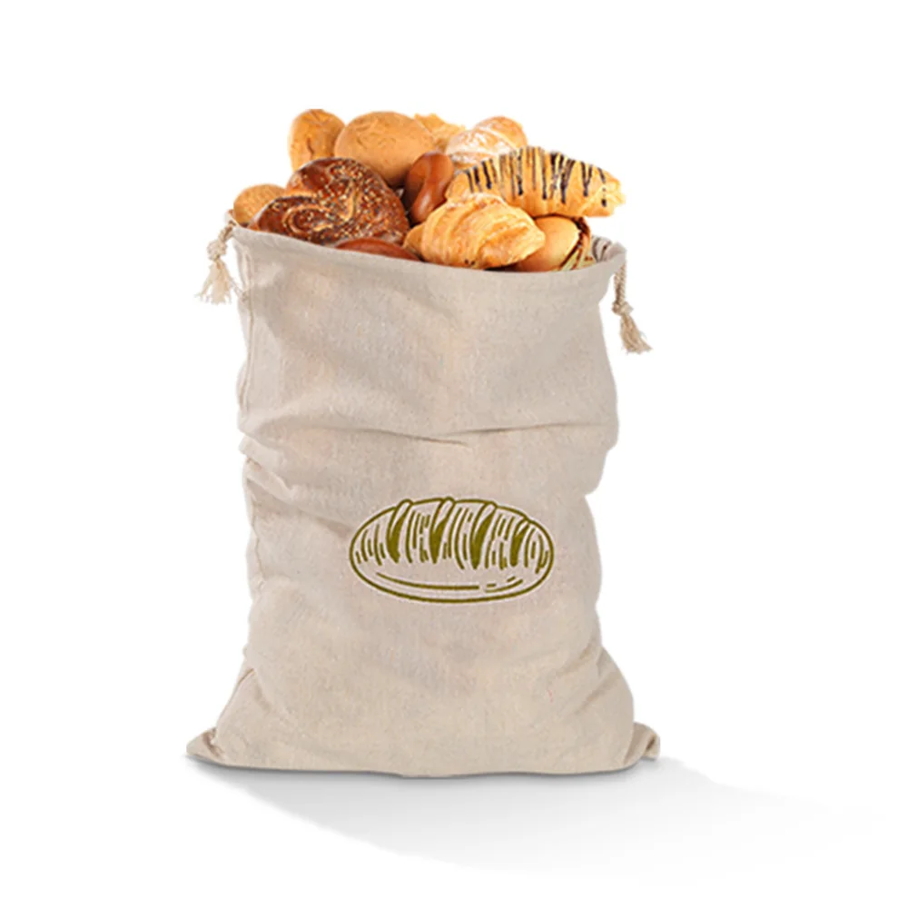 Levainry bread bag standing open and filled with loaves and rolls, natural woven fibre with a drawstring